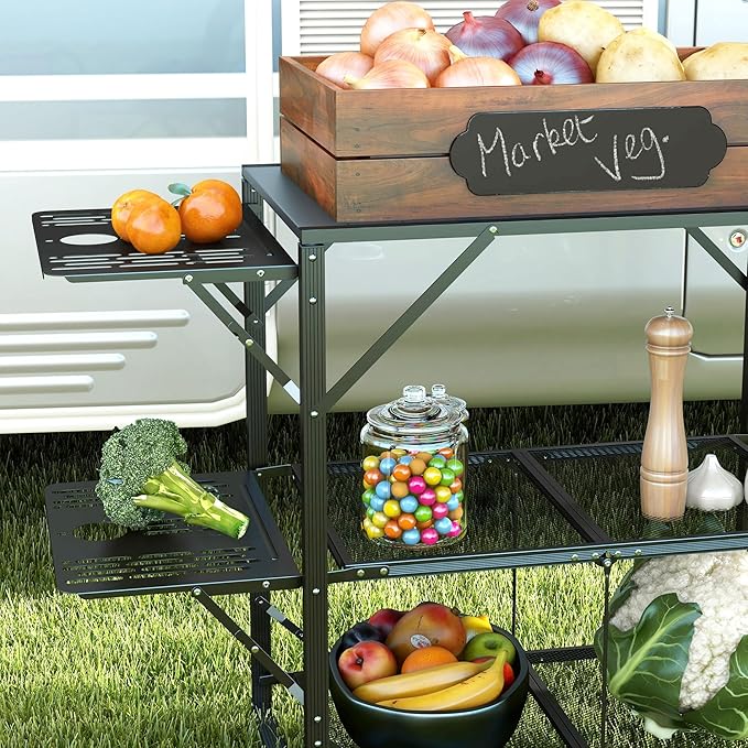 Outsunny Folding Camp Kitchen Table, Portable Camping Cooking Station with Adjustable Lantern Holder, Hanging Hooks and Carrying Bag for Outdoor Picnic Beach BBQ Traveling