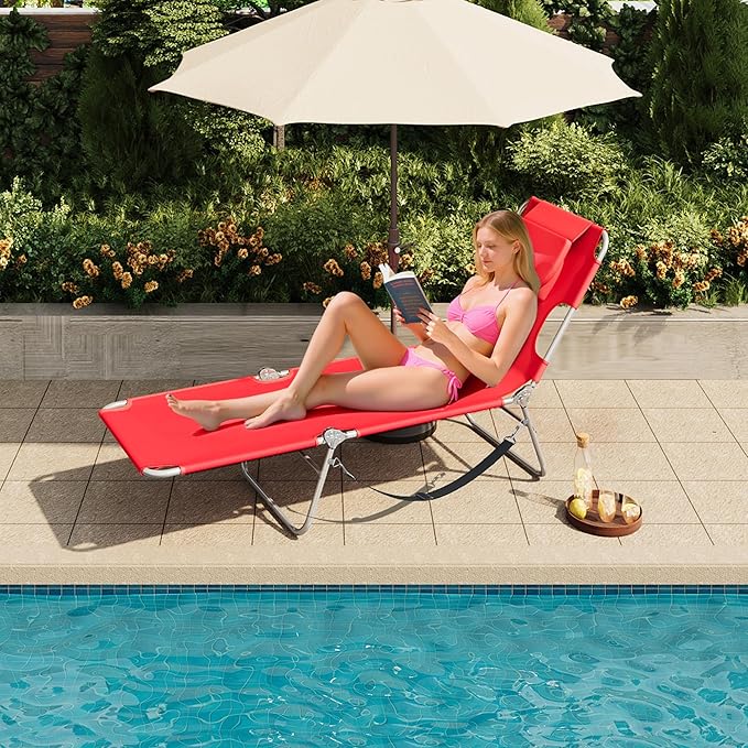 WLIVE Beach Lounge Chair for Adults, 4-Position Folding Tanning Chairs with Face Hole, 2 Legs Support Portable Outdoor Chair for Beach, Pool, Red