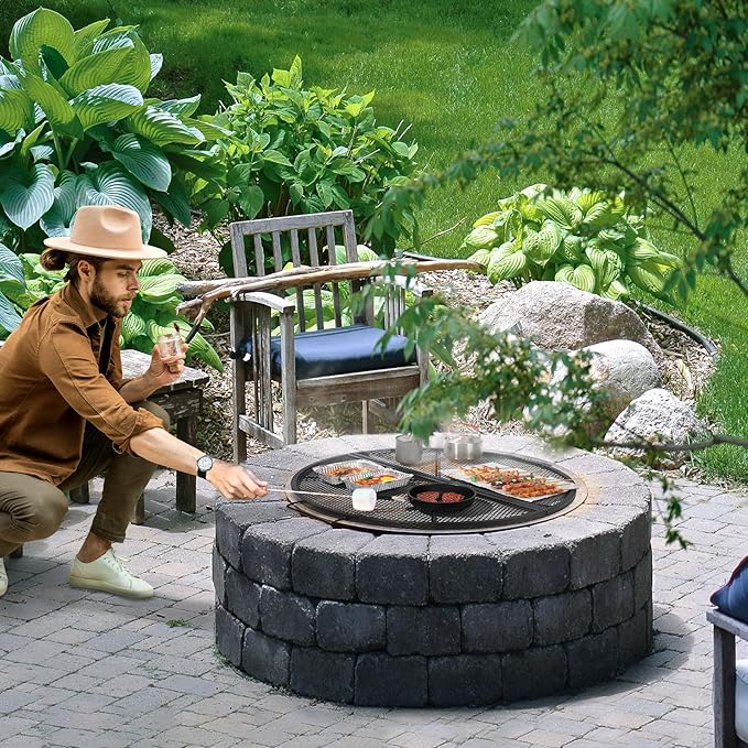 Lineslife X-Marks Fire Pit Cooking Grill Grates Portable, Heavy Duty Folding Round Campfire Grill Grate, Firepit Grill Grate with Handles for Outdoor BBQ Picnic, Black 24 Inch