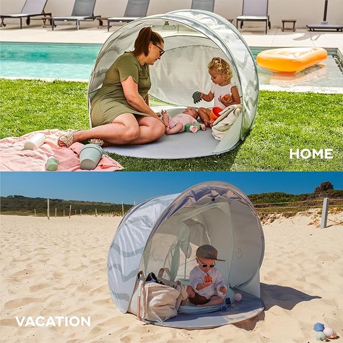Babymoov Moov & Protect Anti-UV Cooling Beach Tent for Babies with Integrated Mosquito Net, Portable, Green Lagoon (Summer 2025 Edition)