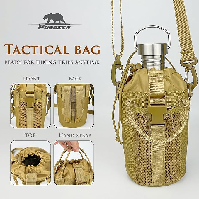 Canteen 42oz Single Wall Water Bottle with 24oz Nested Camping Cup and Carrier Bag, Water Canteen, Bushcraft Gear, Survival Kit, Self Reliance, 304 Stainless Steel - Khaki