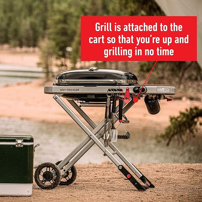 Weber Traveler Portable Liquid Propane Gas Grill for Camping and Travel, 1 Burner, Black