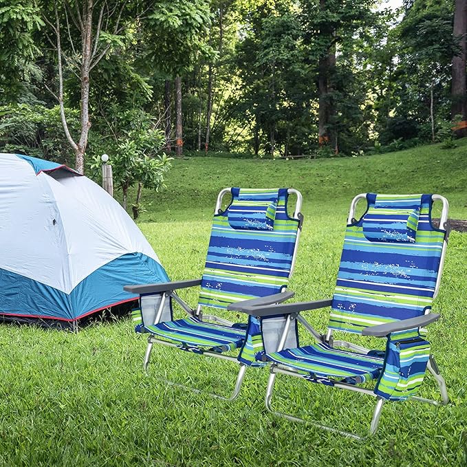 COSTWAY Backpack Beach Chairs, 2-Pack Portable Camping Chairs with Cup Holder, Ice Bag, 5-Position Outdoor Reclining Chairs for Adults, Travel, Sunbathing, Support 300 LBS, Blue & Green