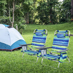 GYMAX Beach Chairs, Backpack Camping Chair with Armrest, Cooler Bag, Cup Holder, Towel Bar & Side Pockets, Sunbath Sling Tanning Lounge, Folding Layout Chair (4 Chairs Without Table, Blue Stripe)