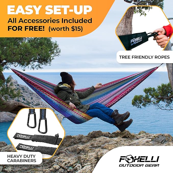 Foxelli Camping Hammock – Ultralight Hammock for Backpacking, Hiking, Festivals, Travel - Easy Setup with Tree-Friendly Ropes & Steel Carabiners, Heavy Duty Parachute Nylon