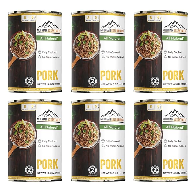 MOUNTAIN ESSENTIALS Canned Pork 14.5 oz – Fully Cooked, Ready to Eat – Pantry Staple Meat for Everyday Meals, Premium Emergency Survival, Bulk Food Storage, Camping, Hiking & Quick Meals – 5-Year Shelf Life – Made in USA – Gluten Free, No Carbs Pack of 6
