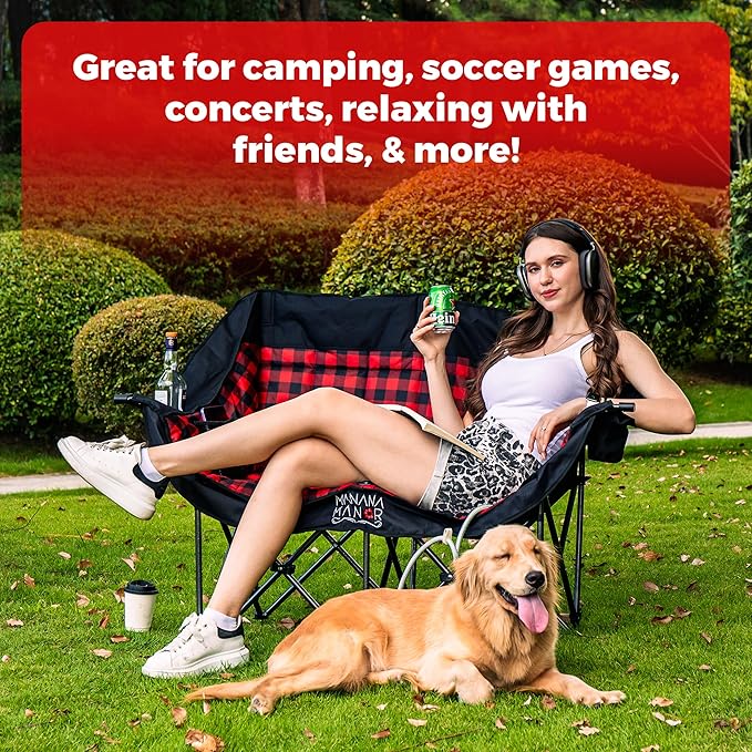 Double Camping Chair - Up to 650lbs - 2 Person Portable & Foldable Extra Padded Camping Couch - Cup Holder & Carry Bag Included - for Patio, Beach, Lawn, RV, Camping, Tailgate