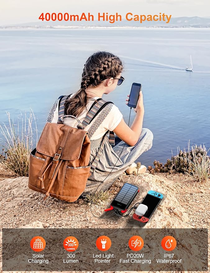 Solar Charger Power Bank, PD 20W Fast Charging External Batter, 40000mAh Portable Phone Charger Built in 4 Cables with Dual Bright Flashlights for Camping, Hiking, and Outdoor Use（RED）