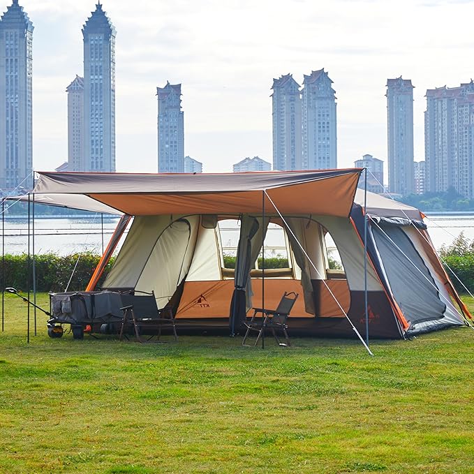 KTT Extra Large Tent 12 Person(A),Awning Family Cabin Tents,2 Rooms,4 Doors and 4 Windows with Mesh,Straight Wall,Waterproof,Double Layer,Big Tent for Outdoor,Picnic,Camping,Family Gathering。