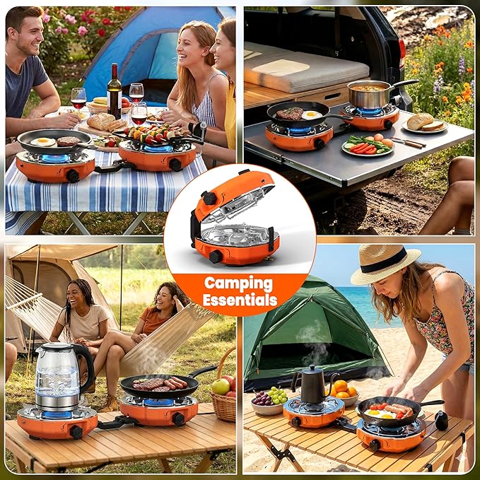 20,000 BTUs 2 Burner Propane Camping Stove, Portable Folding Camp Stove with Adjustable Burners, Regulator and Carrying Bag, Dual Gas Stoves Easy Carrying Handle for Tailgating, Camping, BBQ