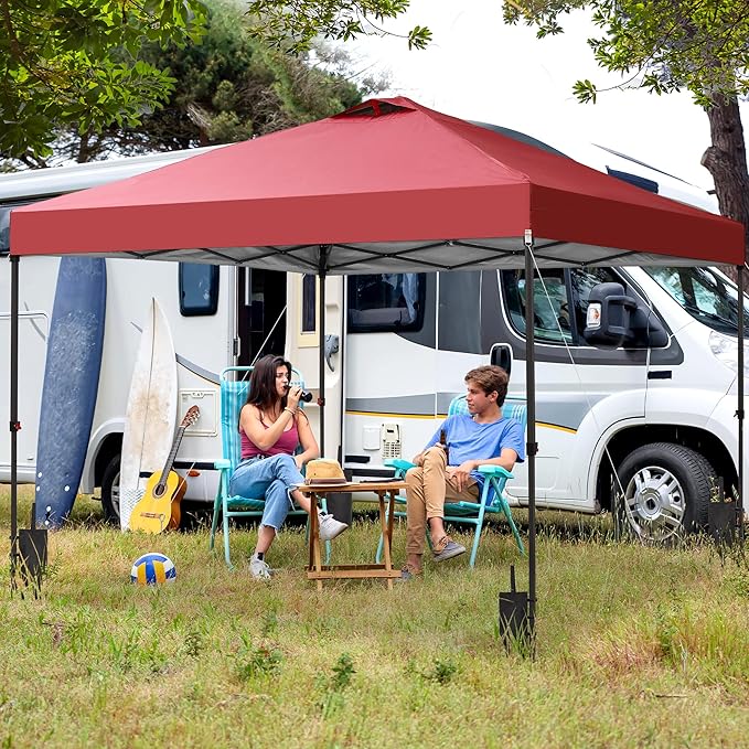 GDY 12x12 Pop Up Canopy Patio Carpas, One Push Set up with Central Lock Canopy with Wheeled Carry Bag, Included 4 Sandbaogs,8 Stakes and 4 Ropes, Red
