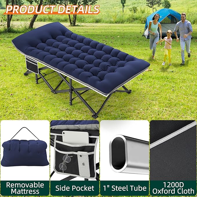 Portable Camping Cot, 32" Extra Wide Camping Cots for Adults with Thick Mattress, Heavy Duty Sleeping Cot Holds Up to 600LBS, Cots for Sleeping, Rv, Beach, Patio, Office Naps 2Pcs (Blue)