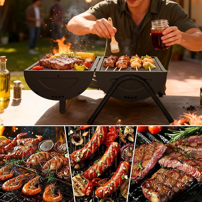 Portable Charcoal Grill with Warming Rack, Wooden Handle, Tabletop BBQ Grill for Outdoor Barbecue Camping Picnic Backyard Patio, Black