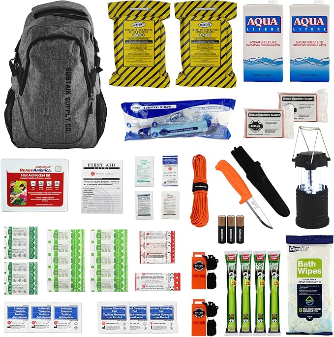 Sustain Supply 2-Person Premium 72-Hour Emergency Survival Kit – Complete Disaster Preparedness Bag w/Food, Water, First Aid, Tools & Survival Gear for Earthquake, Hurricane, Fire & Evacuation