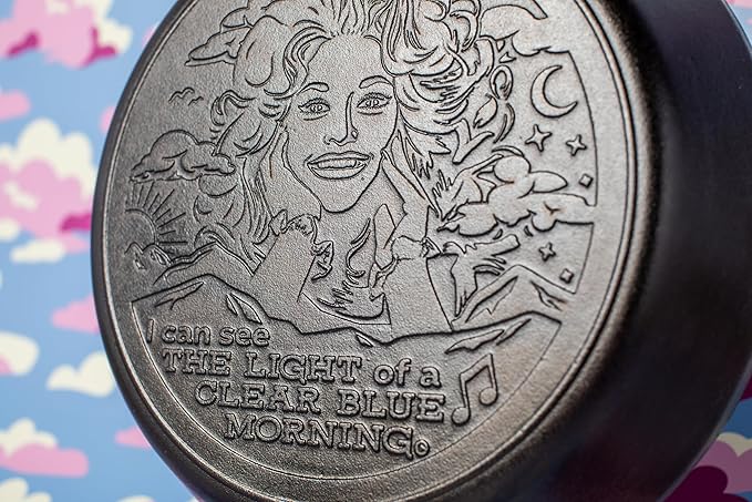 Lodge 13.25 Inch Dolly Parton Pre-Seasoned Cast Iron Stamped Skillet - Signature Teardrop Handle - Use in the Oven, on the Stove, on the Grill, or Over a Campfire - Clear Blue Morning
