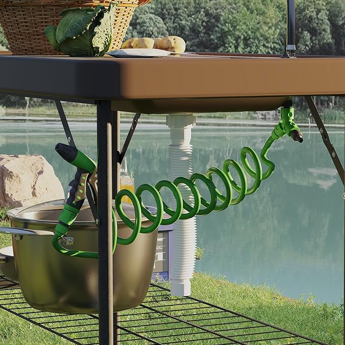 Outsunny Folding Fish Cleaning Table, Portable Camping Sink Station with Faucet, Drainage Hose, Sprayer, Grid Rack and Knife Groove, Outdoor Fillet Table for Picnic Beach Patio, Tan