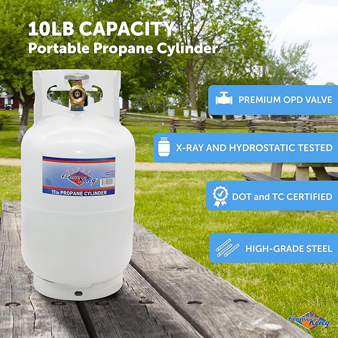 Flame King 10LB Steel Propane Tank Cylinder with Type 1 Overflow Protection Device Valve, Great for Camping, Fire Pits, Heaters, Grills, Overlanding, White