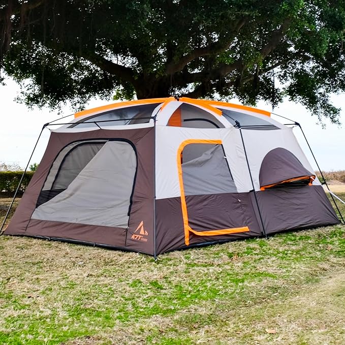 KTT Extra Large Tent 10-12-14 Person(B),Family Cabin Tents,2 Rooms,3 Doors and 3 Windows with Mesh,Straight Wall,Waterproof,Double Layer,Big Tent for Outdoor,Picnic,Camping,Family Gathering