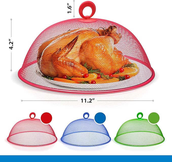 Metal Mesh Screen Food Cover Tent Umbrella, 10.75 inch, Reusable Outdoor Picnic Food Covers Mesh, Food Cover Net Keep Out Flies, Bugs, Mosquitoes (3 Pack, Green Blue Red)