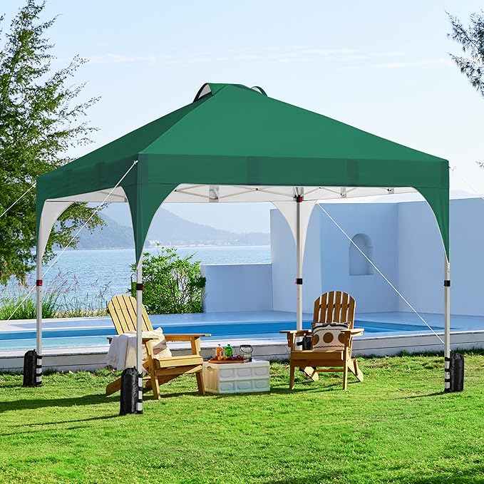 Yaheetech 10x10 Pop Up Canopy Tent with Vent, Easy Set Up Tent, Instant Sun Shelter Canopy with Wheeled Bag, 4 Sandbags, 12 Stakes & 4 Ropes, for Parties, Beach, Outdoor, Dark Green