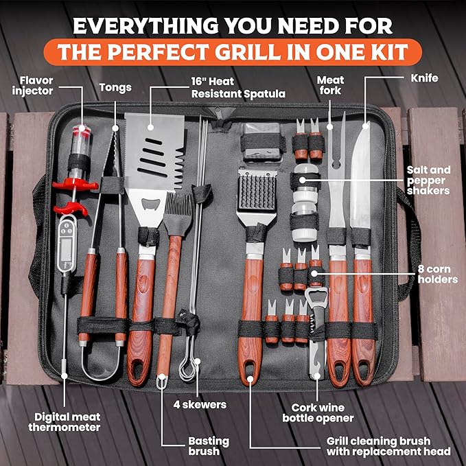 SpartaSake Premium Stainless Steel BBQ Grilling Accessories with Steel Handles - Barbecue Gill Accessories Set for Blackstone Griddle - Outdoor Camping Grill Set for BBQ for Dad Men Women (24-Pack)