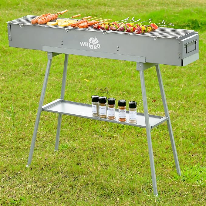 WILLBBQ Charcoal Grills Commercial Quality Portable Hibachi BBQ Lamb Skewer Folded Camping Barbecue Grill for Backyard Outdoor Cooking Use (39.4x7.1x5.1 inch With Accessories)