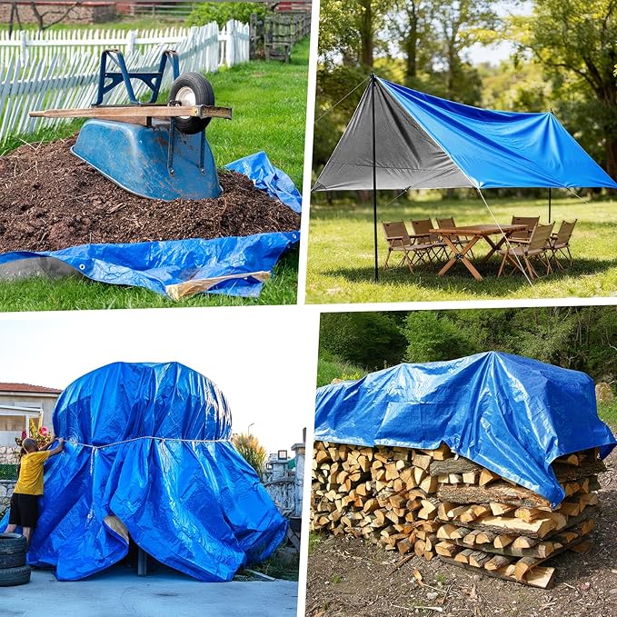 Tarp 10x12 Feet 14 Mil Heavy Duty Waterproof Tarp, Large Multipurpose Cover with Brass Grommets and Reinforced Edges, UV Resistant Thick Poly Tarps for Outdoor Camping Tent Pool Car, Blue