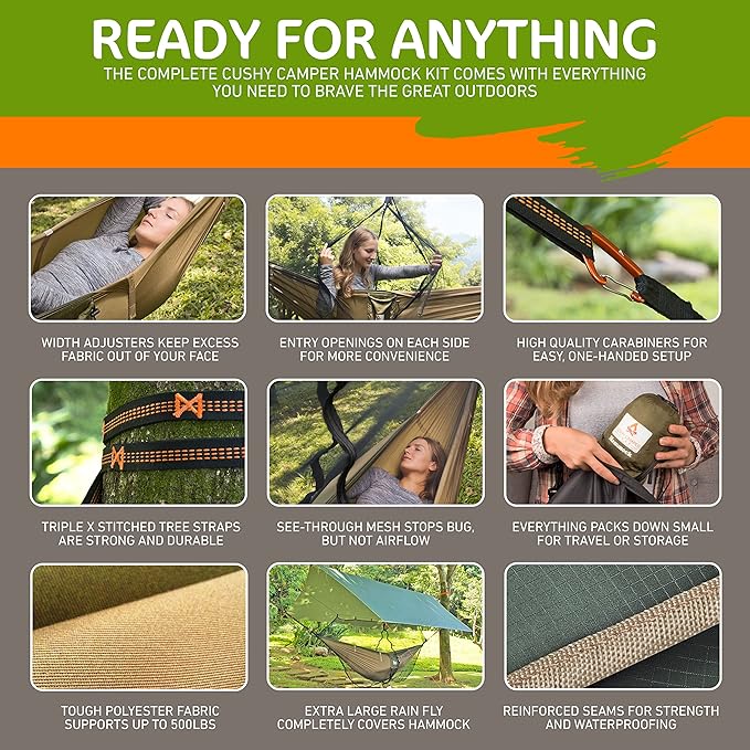 Premium Hammock with Rain Fly, Bug Net, Tree Straps, and Dry Bag - Complete Camping Hammock System with Mesh Bug Net - Outdoor Combo Kit with Rainfly Bundle for Backpacking…