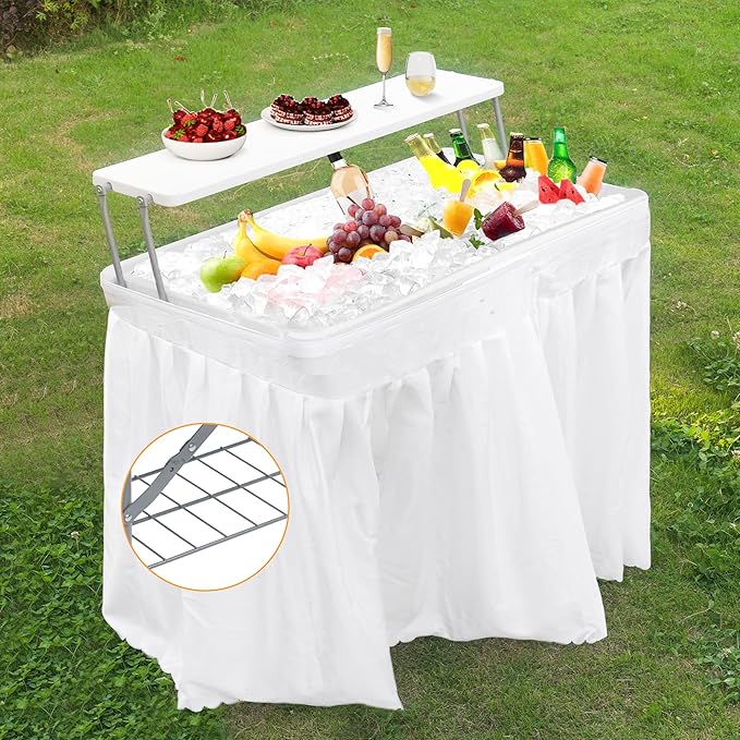 Allpop 2 Tiers Folding Ice Cooler Table with Matching Skirt, Portable Party Table with Grid Rack & Drain Hose for Patio Picnic Camping Wedding, White