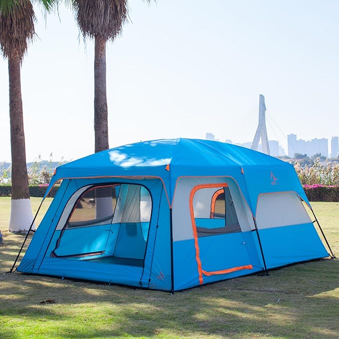 KTT Extra Large Tent 10-12-14 Person(B),Family Cabin Tents,2 Rooms,3 Doors and 3 Windows with Mesh,Straight Wall,Waterproof,Double Layer,Big Tent for Outdoor,Picnic,Camping,Family Gathering