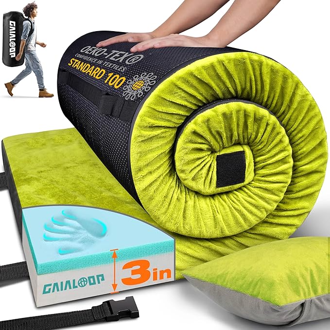 3 Inch Memory Foam Camping Mattress, Dual Layer Thick Sleeping Camp Pad for Car Tent Cot, Roll-Up Portable Glamping Floor Bed for Guests Sleepover
