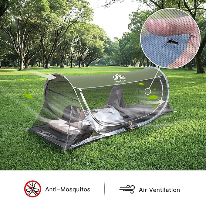 Night Cat Pop-up Mosquito Tent: 1 Person Camping Tent with Bug Screen Net Easy Set-up Tent Fits with Camping Cot Combo Set
