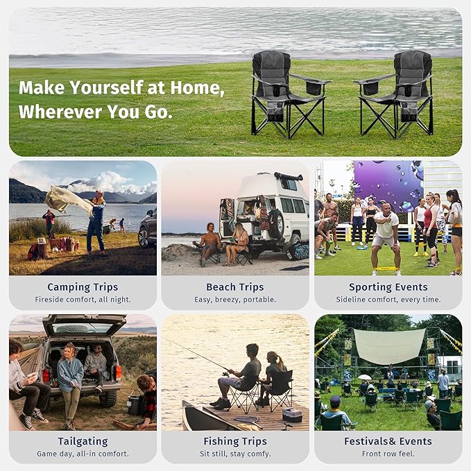 East Oak Oversized Camping Chair | 500LBS Support, 600D Oxford, Cup Holder & Side Pocket | Heavy Duty Camping Chairs | Ideal for Camping, Beach, Sports Events, Backyard & Tailgating | Gray