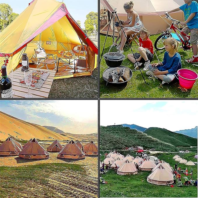 Round Bell Tent, 4m Bell Tent with Zippered Mesh Door and Windows Outdoor Waterproof Large Tent Canvas Yurt Tent 3-10 Persons Family Camping Tent Glamping,Portable Foldable Tent Easy to Install