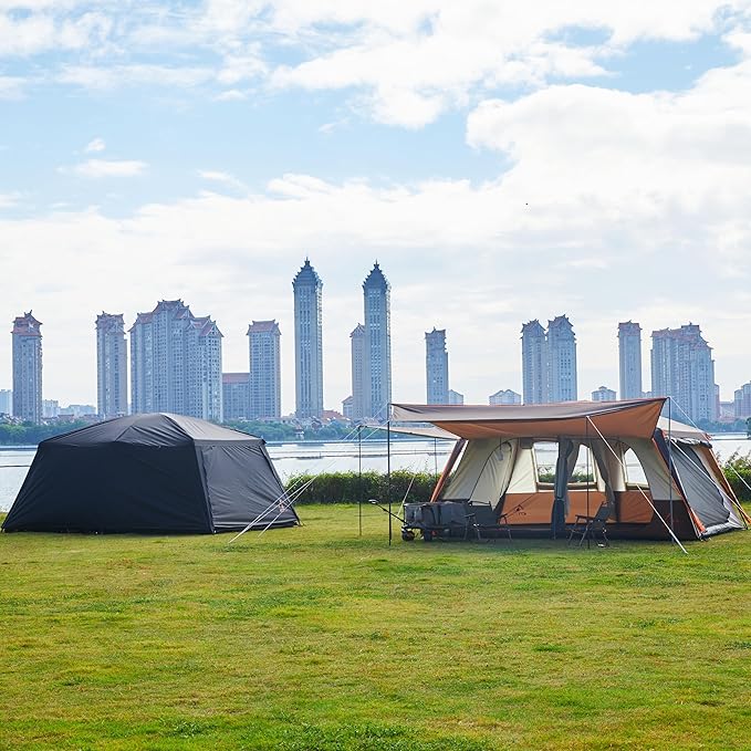 KTT Extra Large Tent 12 Person,Family Cabin Tents,Awning,2 Rooms,4 Doors and 4 Windows with Mesh,Straight Wall,Waterproof,Double Layer,Big Tent for Outdoor,Picnic,Camping,Family Gathering