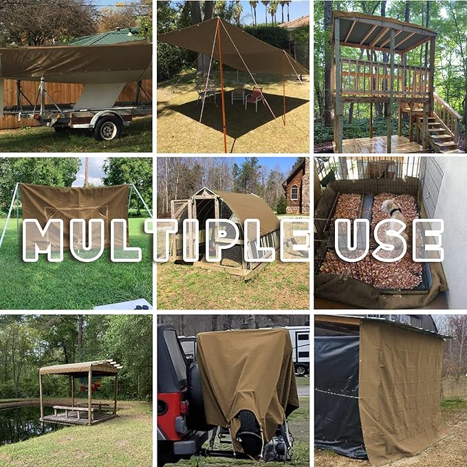 CARTMAN Finished Size 20x20 Feet Tan Canvas Tarp with Rustproof Grommets, Heavy Duty Multipurpose Tarpaulin Cover for Canopy Tent, Roof, Camping, Woodpile