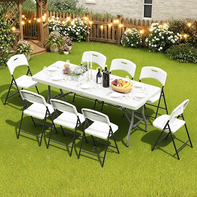 71.5" Foldable Outdoor Dining Set with 8 Fully assembled Dining Chairs for Easy Storage, Portable Patio Table and Chairs Set for Camping Picnic, Heavy Duty Patio Table Set for Garden Yard.