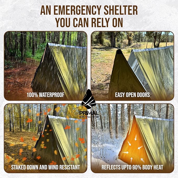 Orange Polyester Survival Tent with Doors - Compact, Durable, All-Season Shelter for Camping, Hiking, and Emergency Preparedness