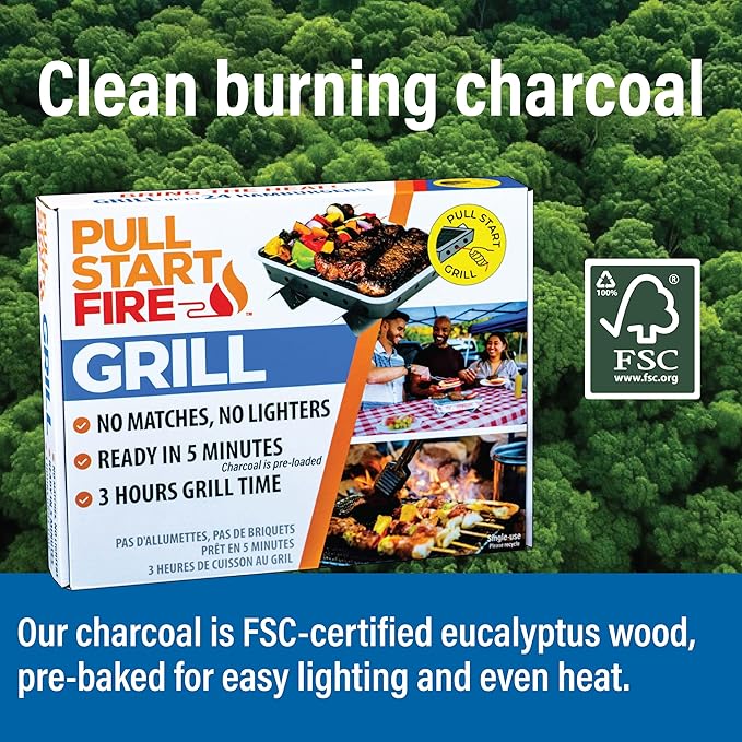 Pull Start Fire Grill | Single Use Portable Disposable Charcoal BBQ with Pull Start Matchless Ignition | Ready in 5 Min, 3 Hour Burn | Camping, Tailgating, Outdoor Cooking, No Cleanup Needed