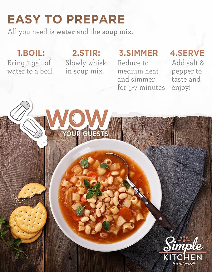 READYWISE - Simple Kitchen, Minestrone Soup Mix, 17 Servings Per Pack, MRE, Vegetarian, Hiking, Camping Essentials, Food, Soup Mix, for Events, Emergency Food Supply, or Daily Use, Pack of 4