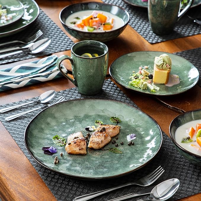 TEmkin 16 Pieces Starlight Green Tableware??, Kiln Glazed Tableware Tableware with Dinner Plate, Dessert Plate, Bowl, Cup