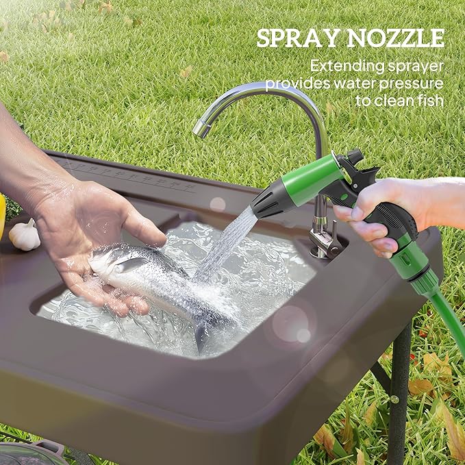 Outsunny Folding Fish Cleaning Table, Portable Camping Sink Station with Faucet, Drainage Hose, Sprayer, Grid Rack and Knife Groove, Outdoor Fillet Table for Picnic Beach Patio, Tan