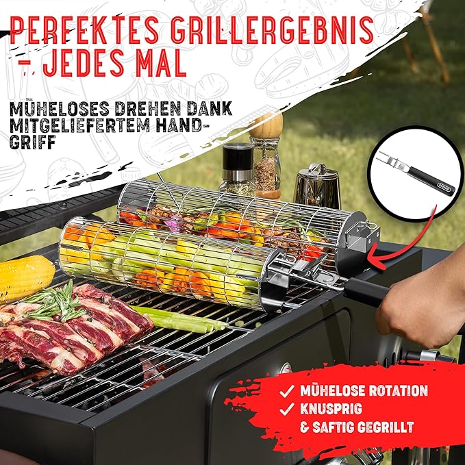 Rolling Grill Basket, New Opening Design, Extra Sturdy Cylinder Grilling Basket, Food Grade Stainless Steel, Large Portable Outdoor Camping accessories BBQ Net Rack, Cooking Griller for Fish, Vegetables, and More - Gifts for Men Dad Husband - Set of 2