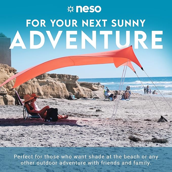 Neso Gigante Portable Beach Tent Sun Shelter - Lightweight Beach Shade Canopy - Easy Setup for Family Outings - Patented Reinforced Corners - UPF 50+ Sun Protection - 8ft Tall, 11 x 11ft - Coral