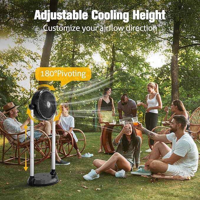 40000mAh Battery Fan with 65H Runtime, 12" High-Velocity 4-Speed Floor Fan, 18-34.6" Dual Stand Height Adjustable & 180°Tilt, Dual Outputs, Cordless for Indoor, Outdoor Camping, Travel, Power Outage