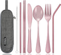 Portable Stainless Steel Flatware Set, Travel Camping Cutlery Set, Portable Utensil Travel Silverware Dinnerware Set with a Waterproof Case (Pink)