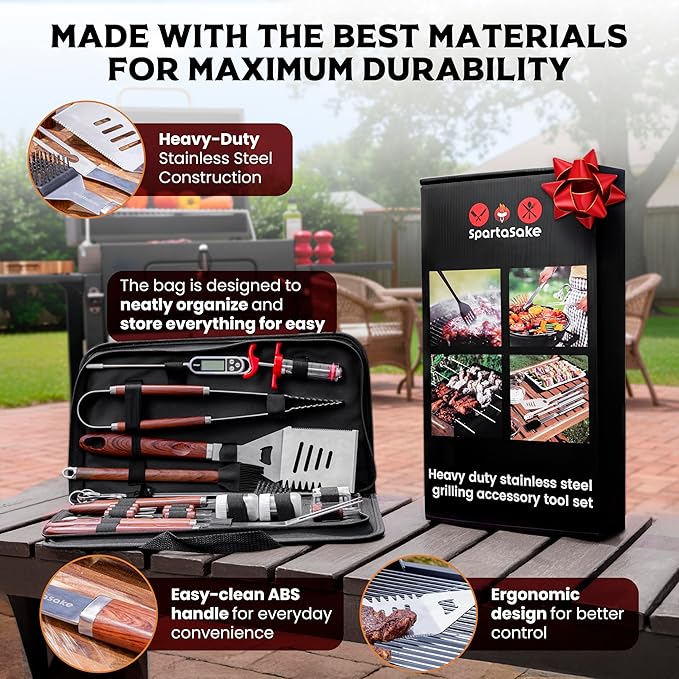 SpartaSake Premium Stainless Steel BBQ Grilling Accessories with Wood Handles - Barbecue Gill Accessories Set for Blackstone Griddle - Outdoor Camping Grill Set for BBQ for Dad Men Women (24-Pack)