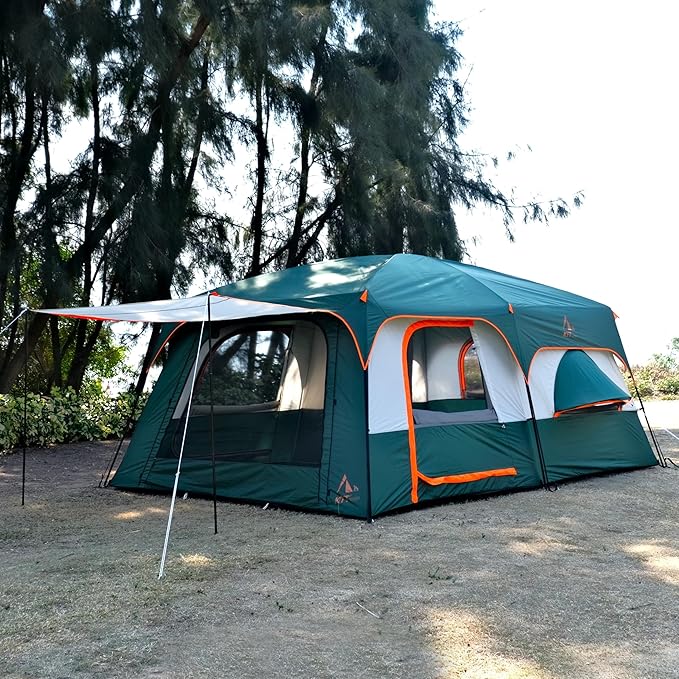 KTT Extra Large Tent 10-12-14 Person(B),Family Cabin Tents,2 Rooms,3 Doors and 3 Windows with Mesh,Straight Wall,Waterproof,Double Layer,Big Tent for Outdoor,Picnic,Camping,Family Gathering