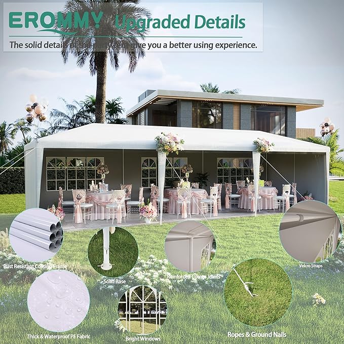 EROMMY 10x30FT Outdoor Party Tent, White Waterproof Event Canopy with 6 Removable Sidewalls & 2 Zipper Doors for Wedding, Birthday, BBQ, and Holiday Celebrations