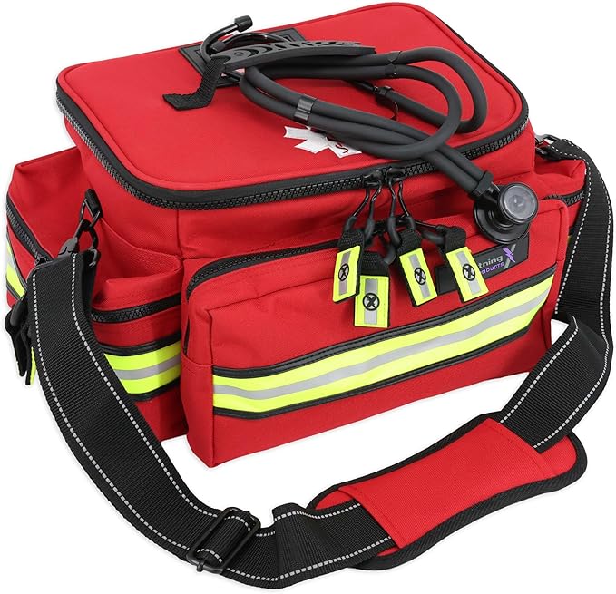 Lightning X Mid-Sized First Responder EMT Bag | LXMB25 | Fully Stocked w/ 240+ First Aid, EMS & Trauma Supplies - RED